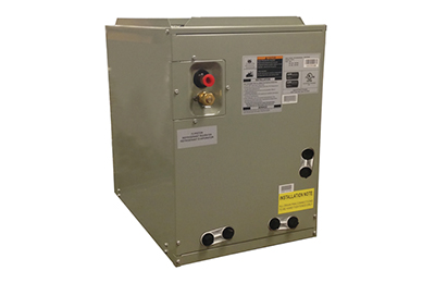 Gray metal HVAC unit with connectors and labels on front panel.