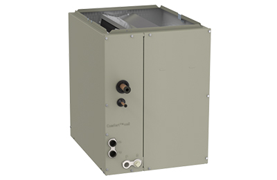 Gray metal HVAC unit with connectors and labels on front panel.