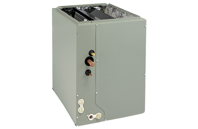 Gray metal HVAC unit with connectors and labels on front panel.